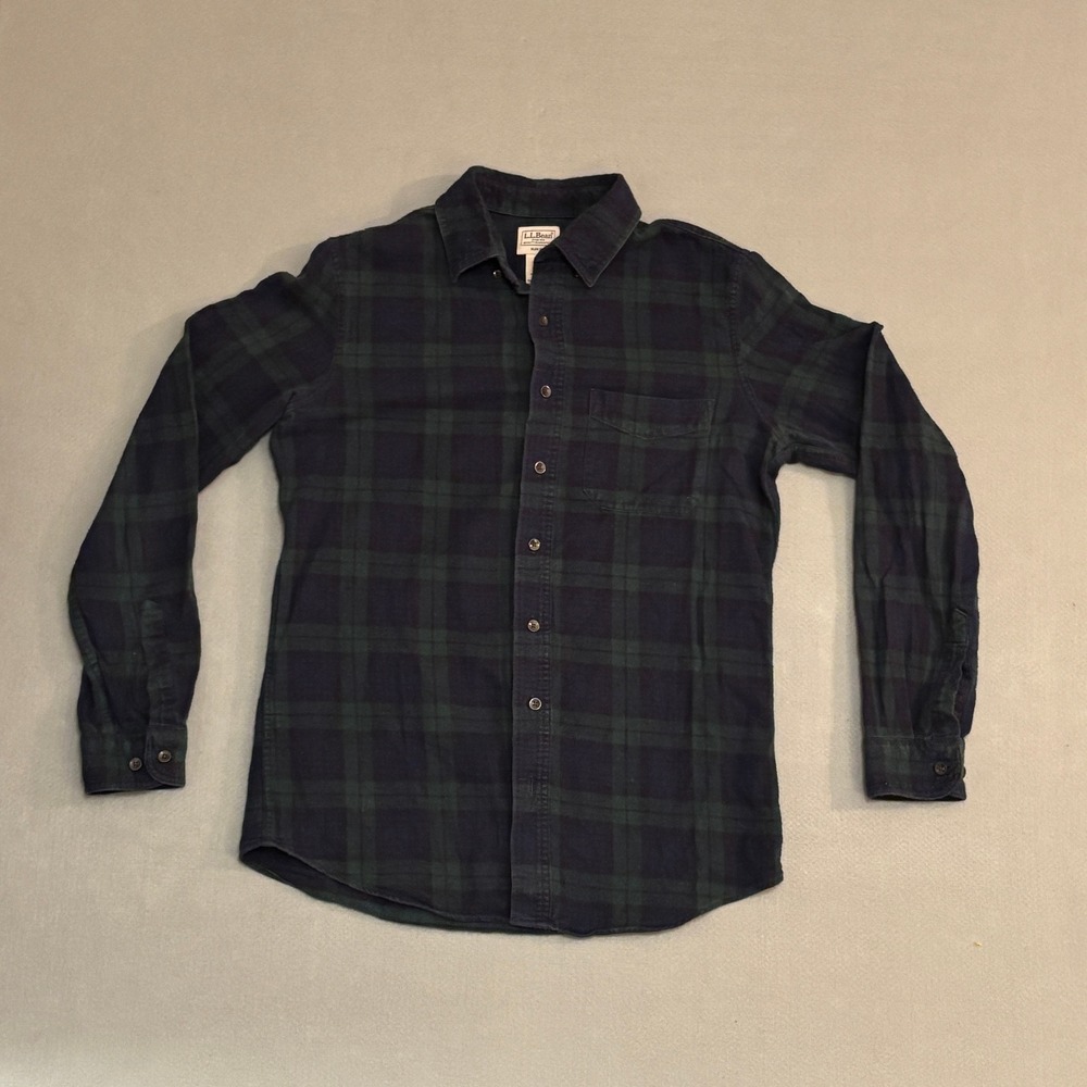 LL Bean Mens Slim Fit Flannel Shirt Medium Tall Black Watch Plaid 511508